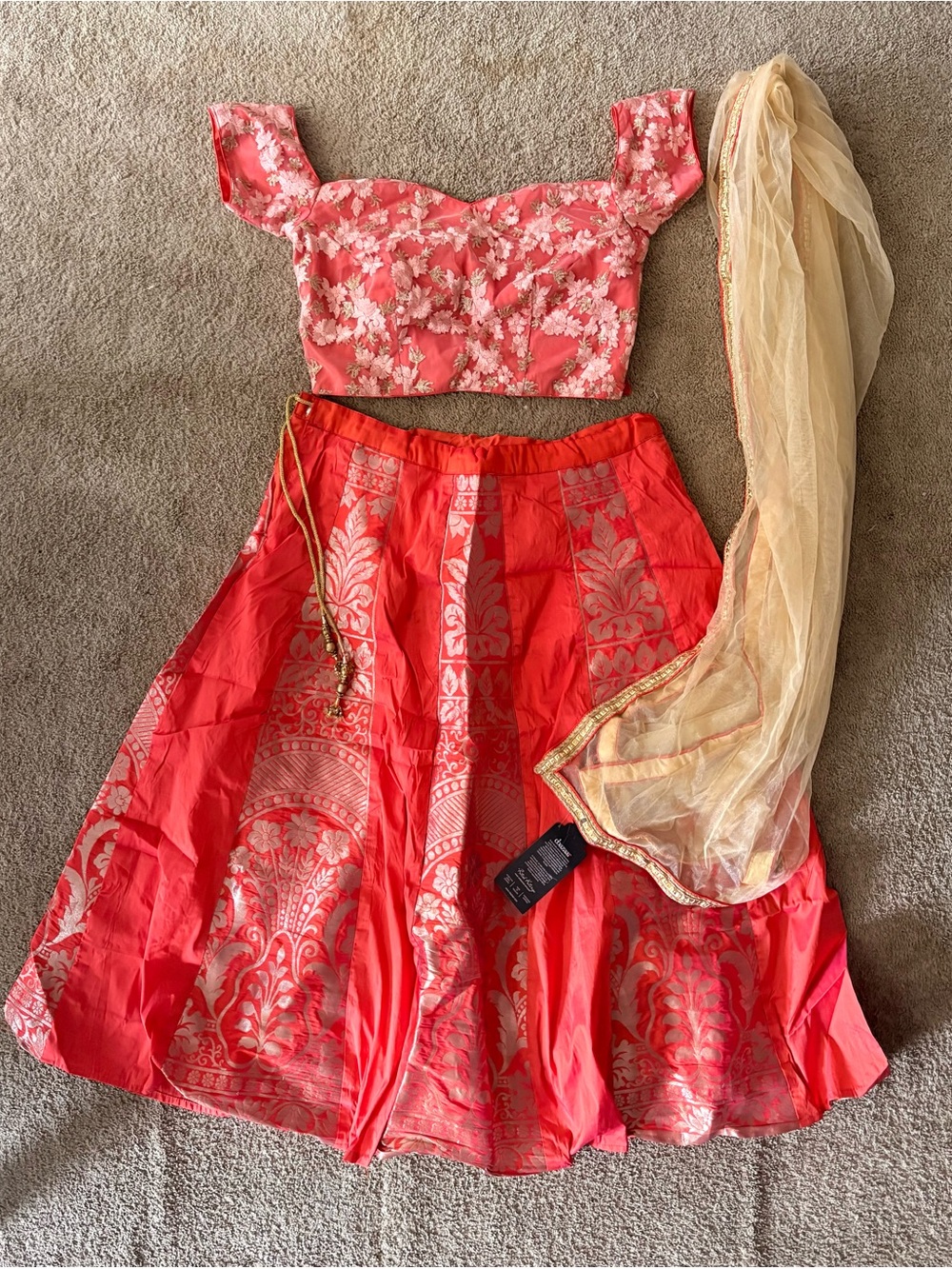 Coral Lehenga- A-Line Skirt with Matching Coral Crop Top and Gold Dupatta